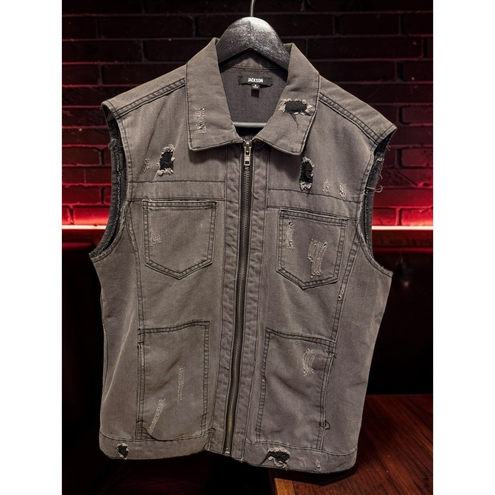 Jackson Men's Small Gray Distressed Denim Utility Vest Zip Front Punk Grunge